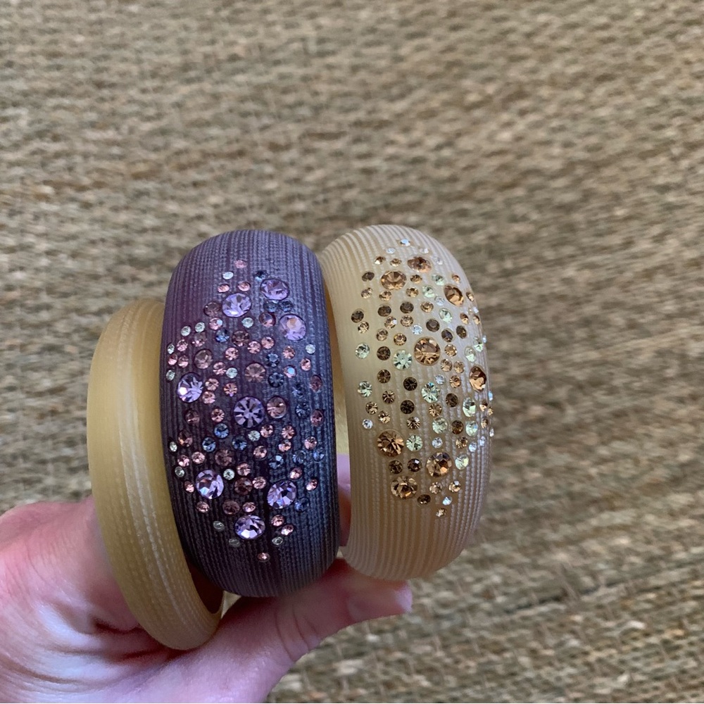 3 Acrylic Resin Rhinestone Bangle Bracelets Purple Gold LSU Frosted Etched